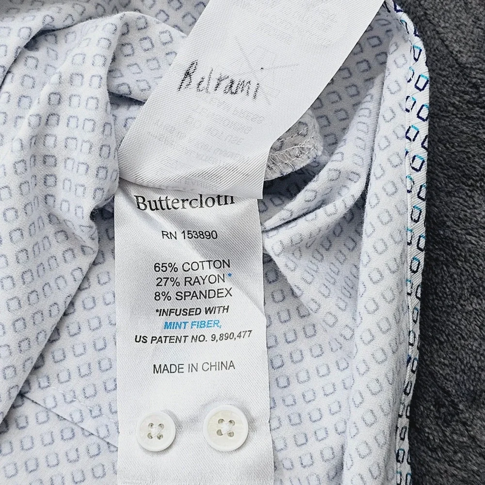 Buttercloth Button Up Shirt Mens 2XL White Blue Icy Cotton Geometric Regular Fit
